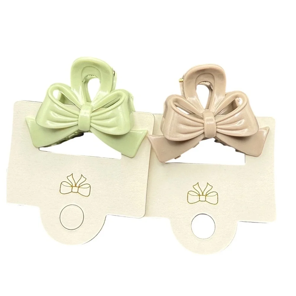 Set of 2 Matte mini Bow Hair Clips‎ Sage Green and Tan Beige Ribbon Style Clips